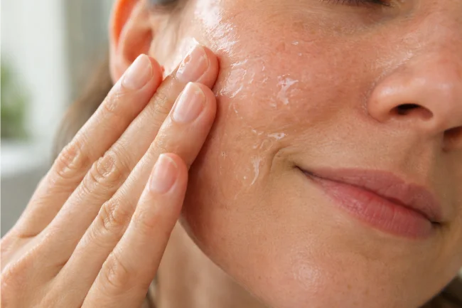 Pov Skincare close-up showing first-person application of hydrating serum and visible skin glow