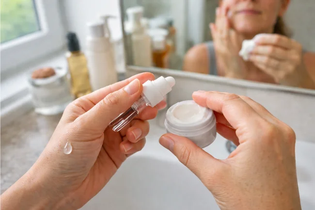 Pov Skincare routine showing first-person layering of serum and moisturizer in natural light