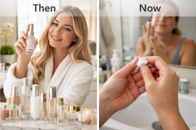 Split image comparing polished influencer skincare content with a real first-person skincare routine in natural light