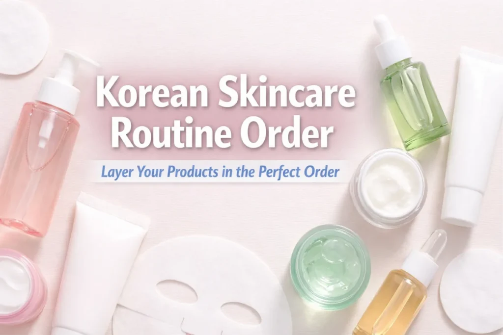 korean skincare routine order with Korean beauty products arranged by layering steps