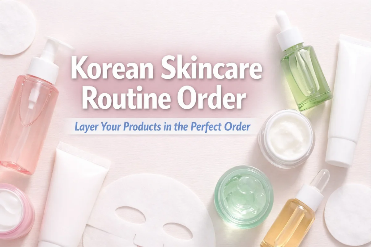 korean skincare routine order with Korean beauty products arranged by layering steps