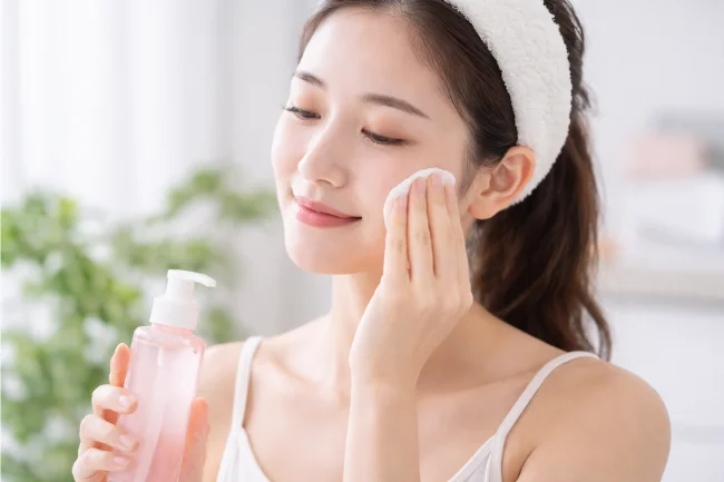 Korean skincare routine order illustrated by gentle toner application for healthy, balanced skin