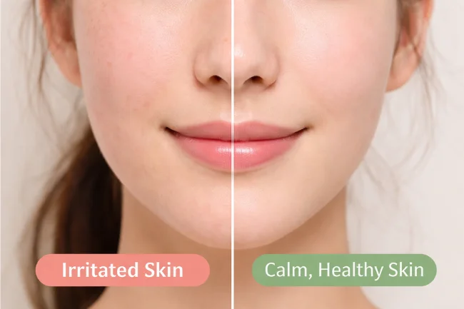 Anua Skincare comparison image showing irritated skin versus calm, healthy-looking skin after gentle skincare use
