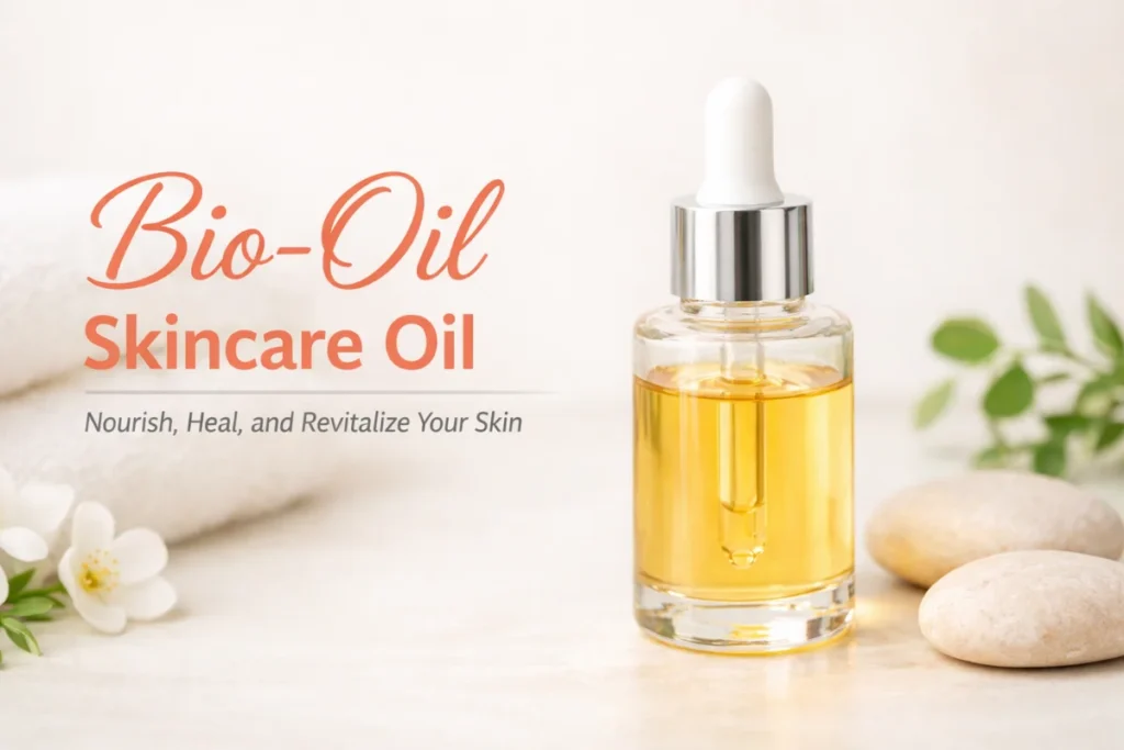 Bio-Oil Skincare Oil in a clear glass dropper bottle with golden oil on a soft, neutral background, representing hydration, skin repair, and overall skincare benefits