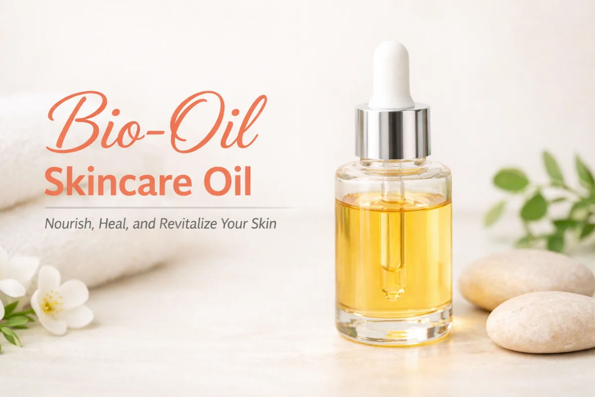 Bio-Oil Skincare Oil in a clear glass dropper bottle with golden oil on a soft, neutral background, representing hydration, skin repair, and overall skincare benefits
