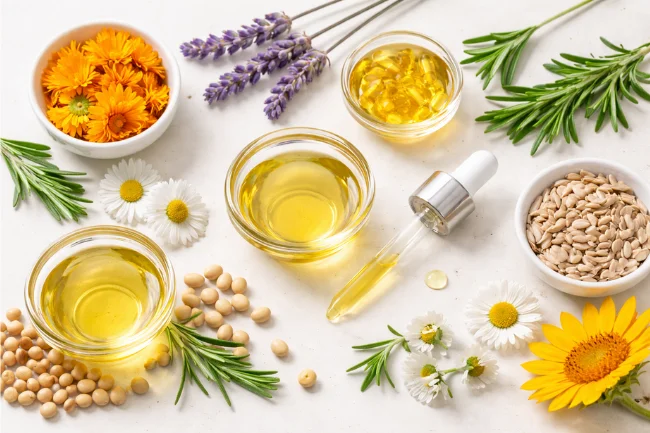 Bio-Oil Skincare Oil ingredients displayed in a clean flat-lay with botanical extracts, vitamins, and natural oils used to support skin hydration and barrier repair