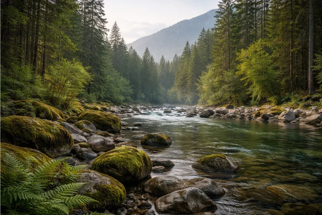 Salish Matter Skincare brand philosophy represented by a serene forest river and natural landscape