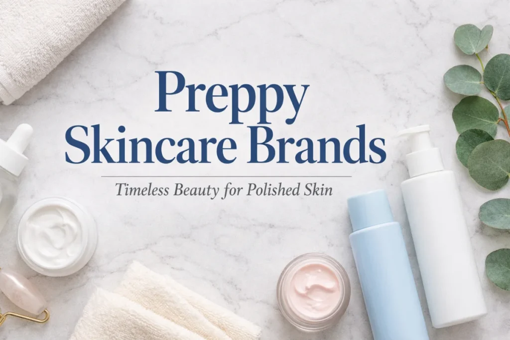 Preppy Skincare Brands displayed in a minimalist flat lay with clean bottles, soft pastels, and a polished aesthetic