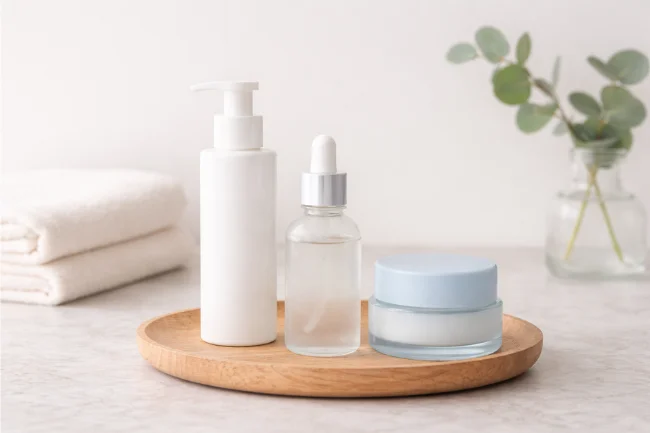 Preppy Skincare Brands shown in a minimalist skincare routine with a few essential products