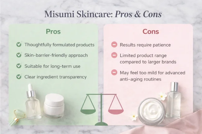 Misumi Skincare Reviews pros and cons comparison showing benefits and limitations of the skincare brand