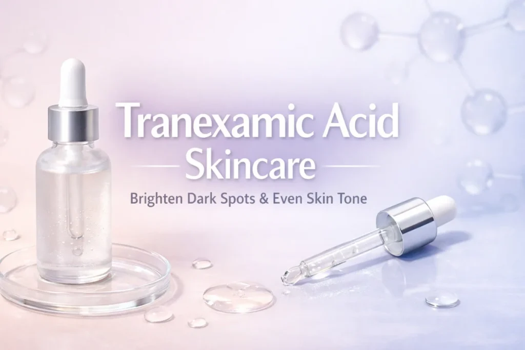 Tranexamic Acid Skincare serum with dropper bottle on a soft pastel background for brightening dark spots