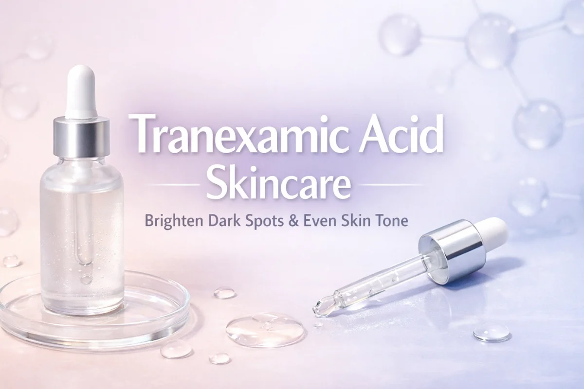 Tranexamic Acid Skincare serum with dropper bottle on a soft pastel background for brightening dark spots