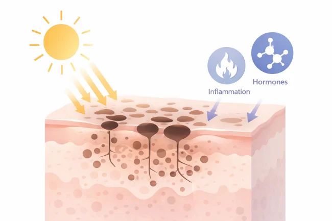 Tranexamic Acid Skincare illustration showing hyperpigmentation caused by UV exposure and inflammation