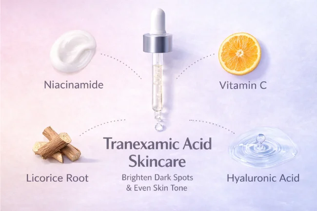 Tranexamic Acid Skincare ingredient pairings with niacinamide, vitamin C, licorice root, and hyaluronic acid
