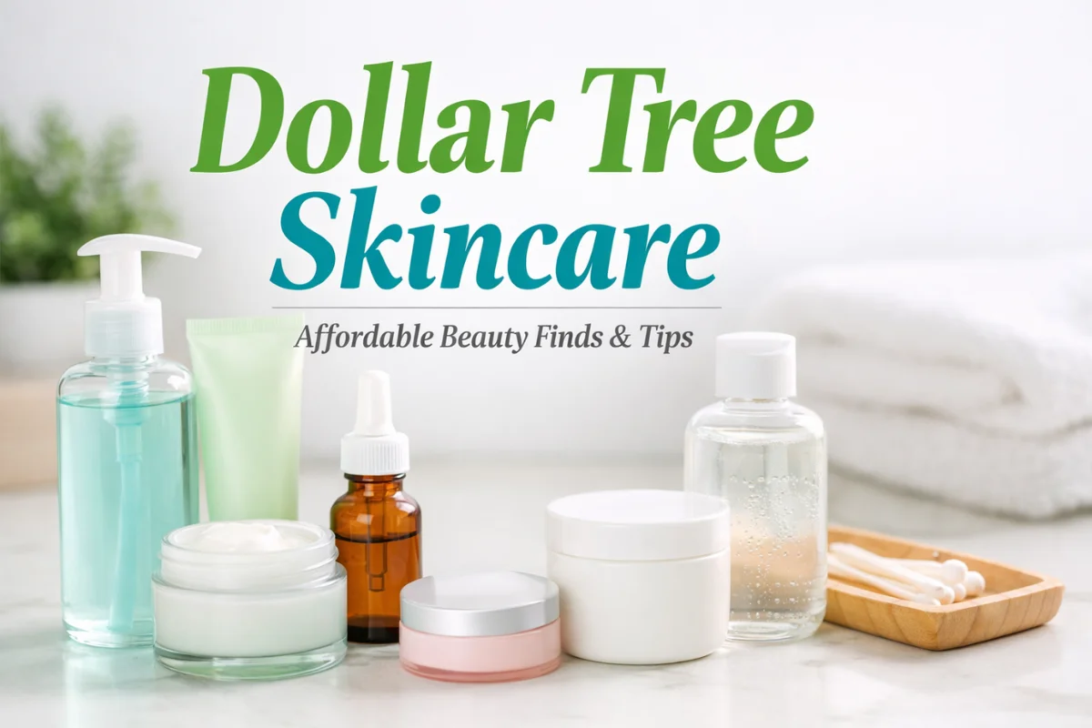 Dollar Tree Skincare products arranged on a clean bathroom counter with affordable cleansers, serums, and moisturizers