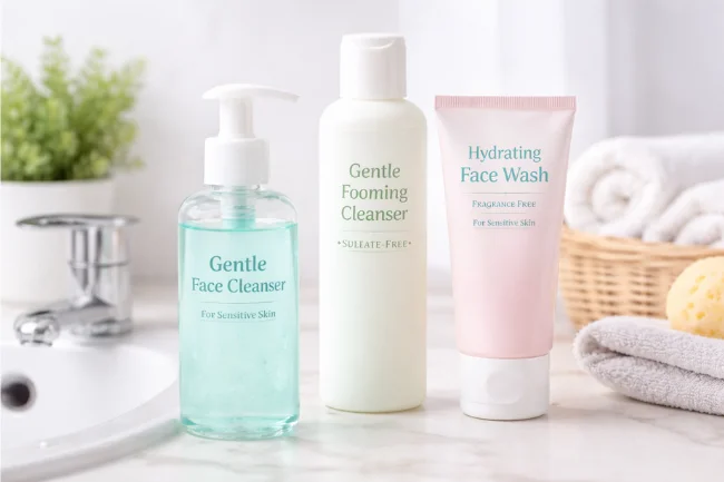 Dollar Tree Skincare gentle facial cleansers displayed on a bathroom sink with soft lighting and minimal packaging