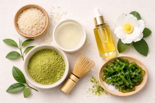 Japanese Skincare Brands ingredients flat-lay featuring rice, matcha green tea, camellia oil, and seaweed used in traditional Japanese beauty care