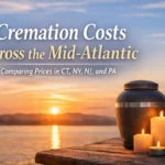 Cremation Costs across the Mid-Atlantic shown with a memorial urn and candles at sunset