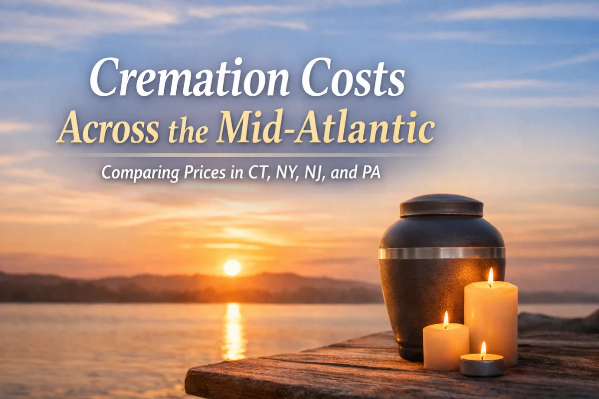 Cremation Costs across the Mid-Atlantic shown with a memorial urn and candles at sunset