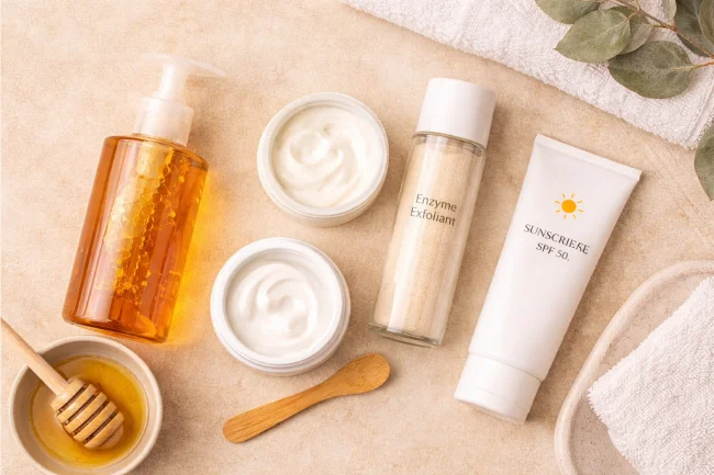 Honey Skincare Studio at-home skincare routine featuring honey cleanser, moisturizer, exfoliant, and sunscreen