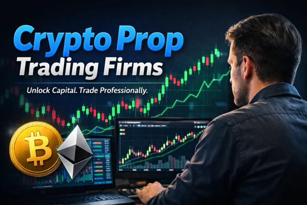 Crypto Prop Trading Firms featured image showing a professional trader analyzing crypto charts with Bitcoin and Ethereum symbols