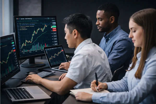 Crypto Prop Trading Firms image showing disciplined traders analyzing crypto charts in a professional trading environment