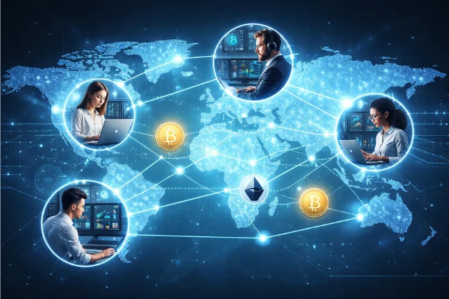 Crypto Prop Trading Firms global access image showing traders connected worldwide through digital crypto networks