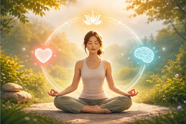 Holisticke principle of balance between body mind and spirit illustrated through meditation