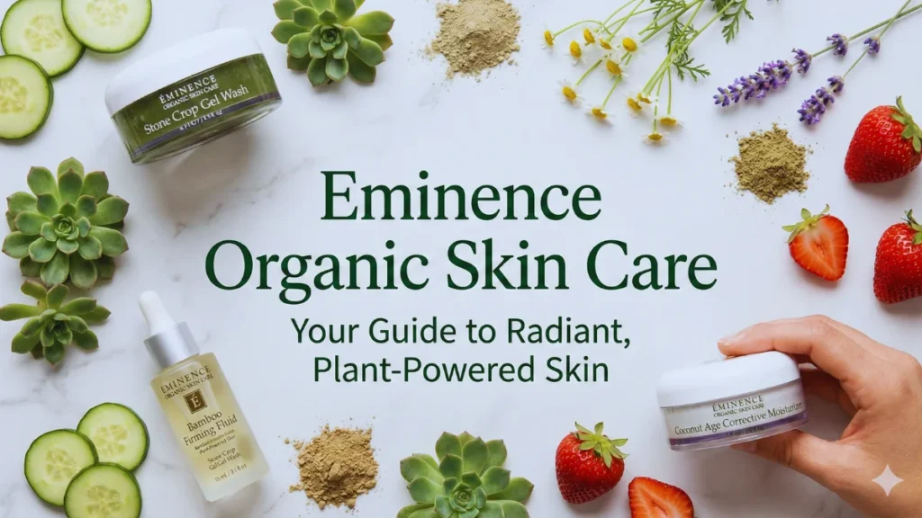 Eminence Organic Skin Care products displayed with fresh botanical ingredients on a clean spa-style background