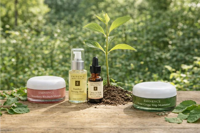 Eminence Organic Skin Care products displayed outdoors with plants and soil, representing sustainability and eco-conscious beauty