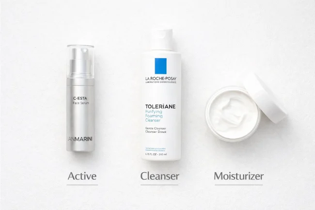 Jan Marini Skin Care modular skincare routine showing active serum, gentle cleanser, and simple moisturizer