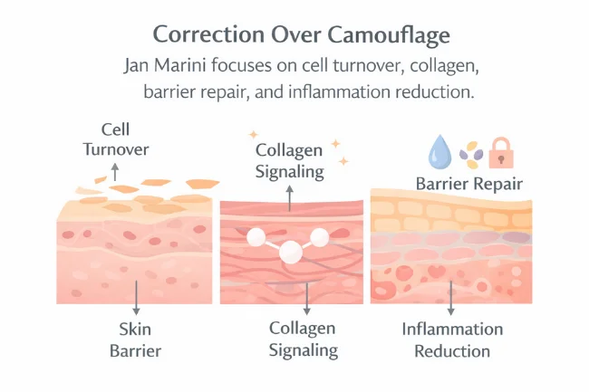 Jan Marini Skin Care philosophy infographic showing cell turnover, collagen signaling, barrier repair, and inflammation reduction