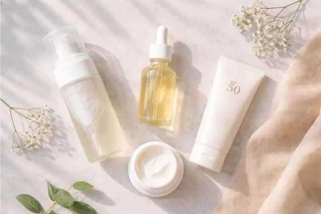 Morning Skin Care Routine flat lay of essential skincare products in soft natural light