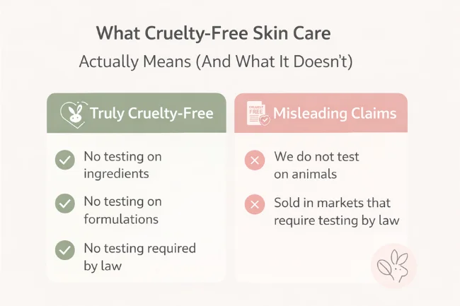 Cruelty-Free Skin Care explained with a visual checklist showing no animal testing and ethical brand practices
