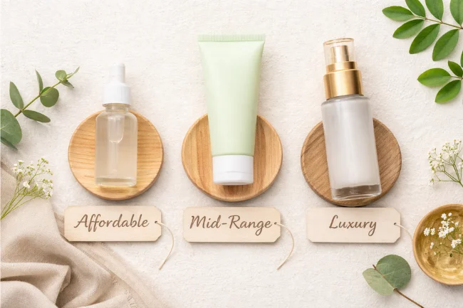 Cruelty-Free Skin Care products shown at different price ranges on a clean, neutral background
