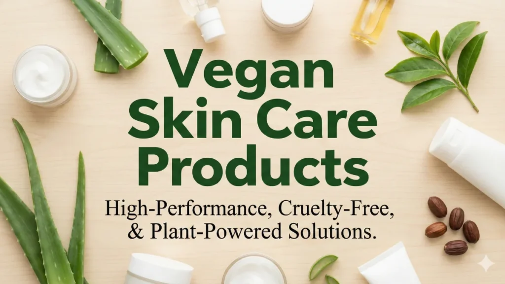 Vegan Skin Care Products displayed with plant-based ingredients, aloe vera, botanical oils, and cruelty-free skincare essentials