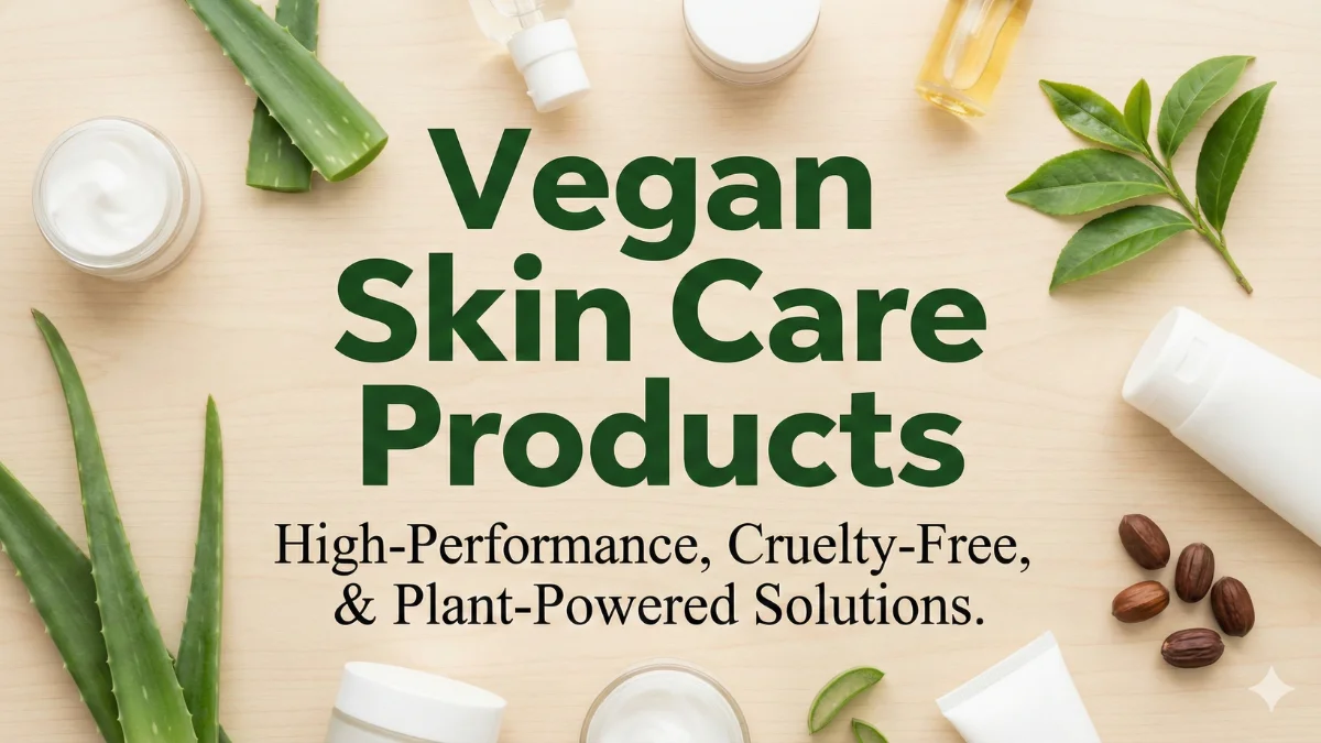 Vegan Skin Care Products displayed with plant-based ingredients, aloe vera, botanical oils, and cruelty-free skincare essentials