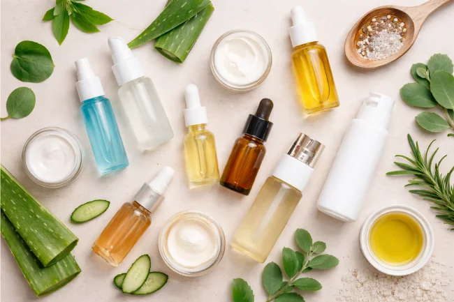 Vegan Skin Care Products arranged with botanical ingredients, oils, creams, and multiple skincare bottles in a flat lay