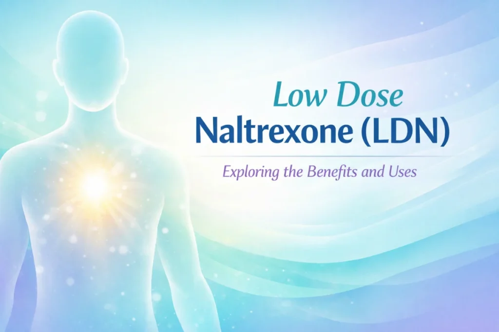 Low Dose Naltrexone (LDN) illustrated with a glowing human silhouette representing immune balance and wellness