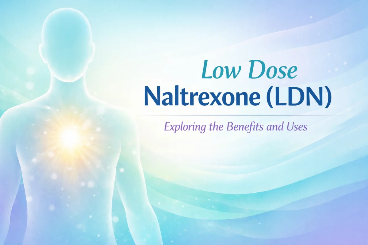 Low Dose Naltrexone (LDN) illustrated with a glowing human silhouette representing immune balance and wellness