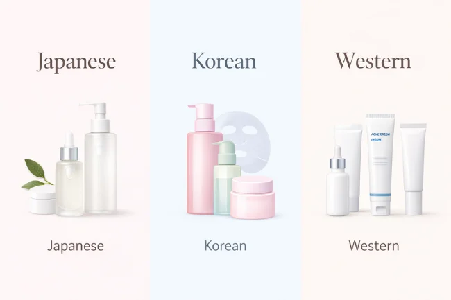 Japanese Skincare Brands compared with Korean and Western skincare styles showing differences in philosophy, product design, and routine approach