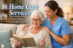 In Home Care Services: A compassionate caregiver assisting a smiling elderly woman at home.