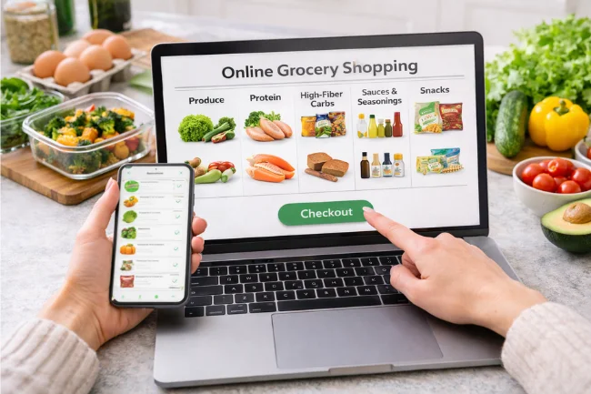 Person shopping for healthy groceries online with organized categories like produce, protein, and high-fiber carbs