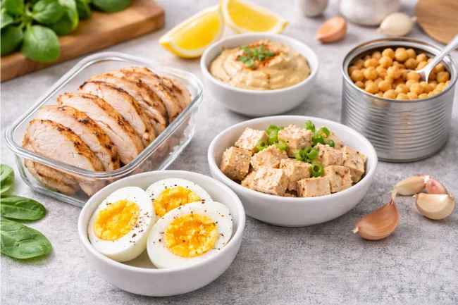 Quick high-protein foods including boiled eggs, tofu, chickpeas, and sliced chicken on a kitchen counter for easy healthy meals.