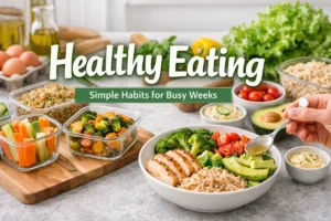 7 Tiny Habits That Make Healthy Eating Effortless Healthy Eating meal prep with vegetables, grains, protein bowl, and fresh ingredients arranged on a kitchen counter
