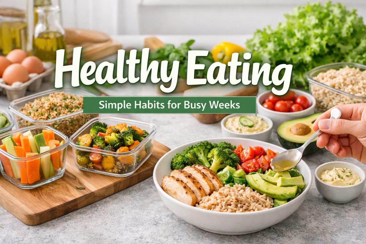Healthy Eating meal prep with vegetables, grains, protein bowl, and fresh ingredients arranged on a kitchen counter