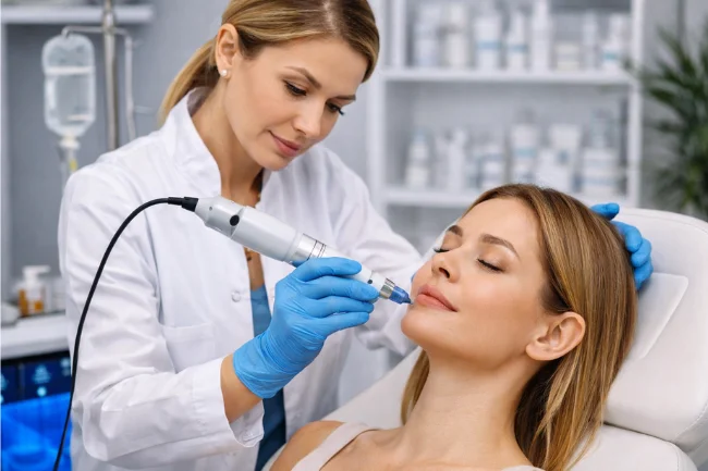 Doctor performing microneedling treatment on a patient in a medical aesthetics clinic