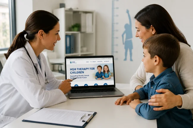 Doctor explaining child growth therapy to parent and child on laptop in clinic consultation room