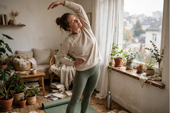 Woman doing gentle stretch by window in cozy home