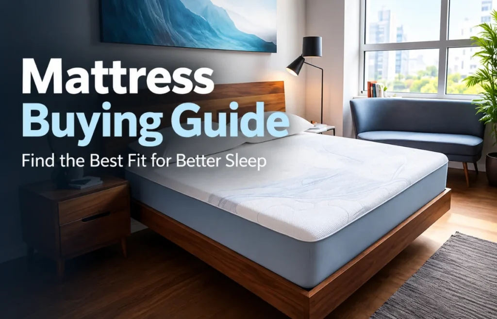 Mattress Buying Guide with modern bedroom and bed